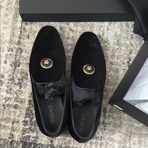 Versace Black Suede Loafers with Gold Medallion